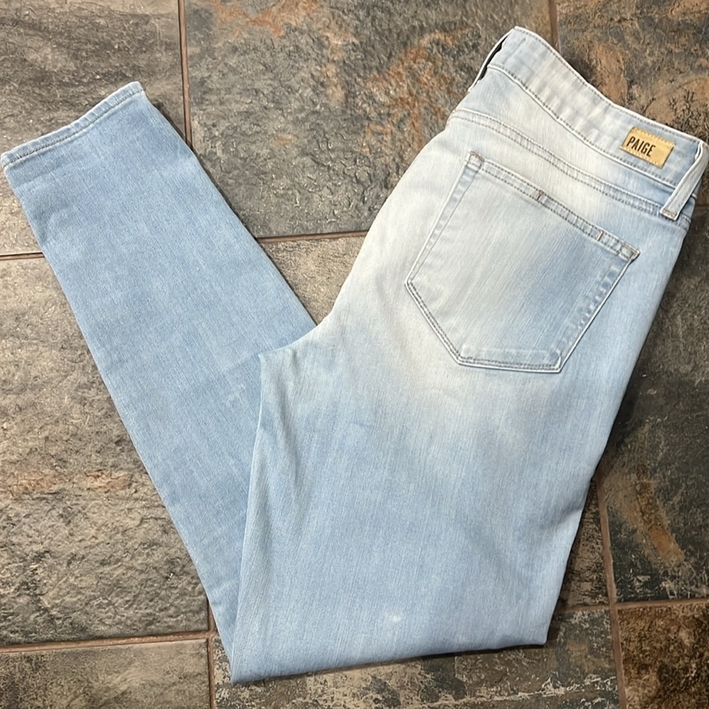 PAIGE Blue Straight Leg Jeans with Distressed Details